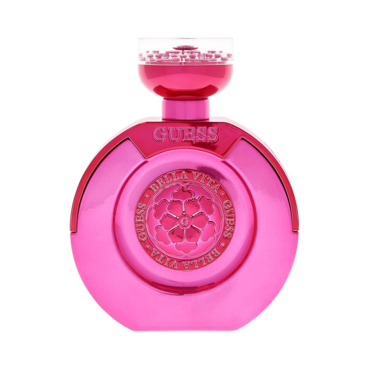 Refect Beauty Guess Bella Vita La Mia Eau de Parfum in a vibrant pink round glass bottle with a floral emblem.