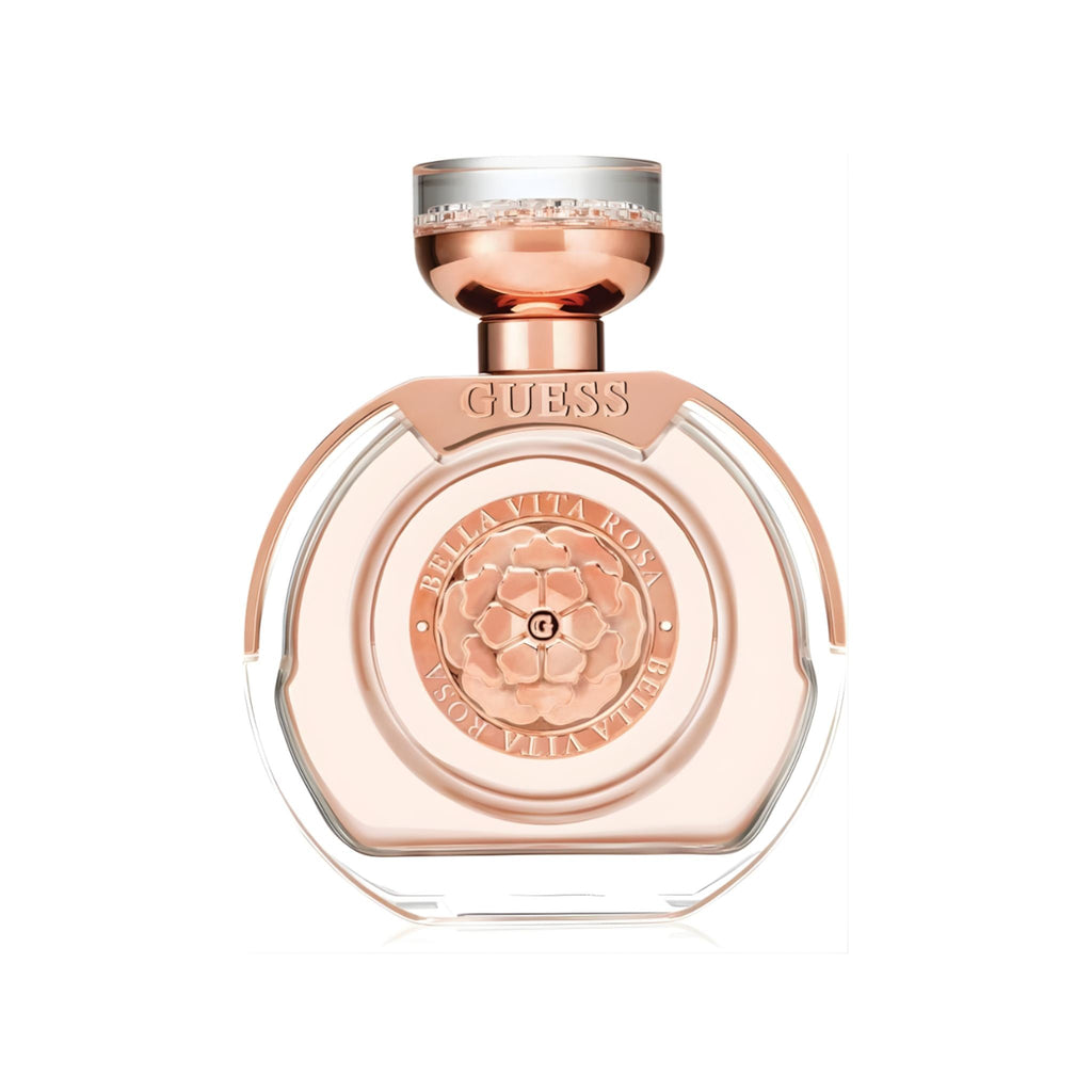 Refect Beauty Guess Bella Vita Rose Eau de Toilette in a round glass bottle with a rose gold floral emblem cap.