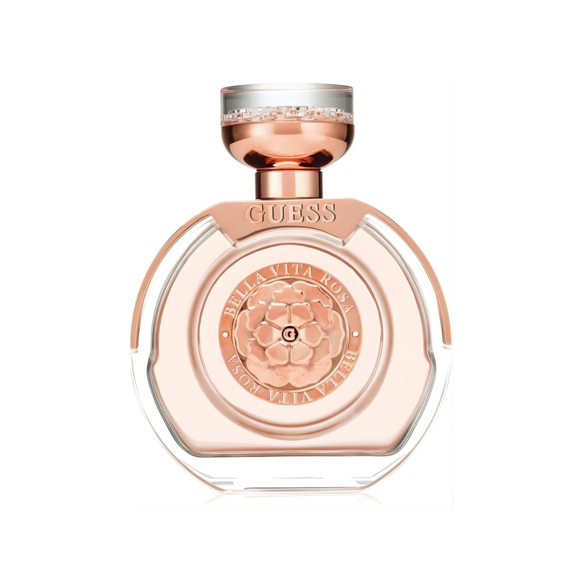 Refect Beauty Guess Bella Vita Rose Eau de Toilette in a round glass bottle with a rose gold floral emblem cap.