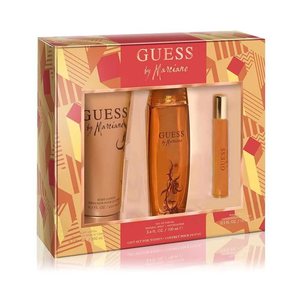 Refect Beauty Guess By Marciano women's fragrance gift set featuring perfume, body lotion, and travel spray in gold box
