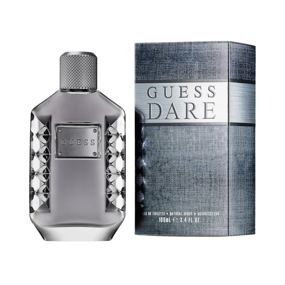 Refect Beauty Guess Dare for Men Eau de Toilette bottle and grey textured box with woody aromatic fragrance notes.