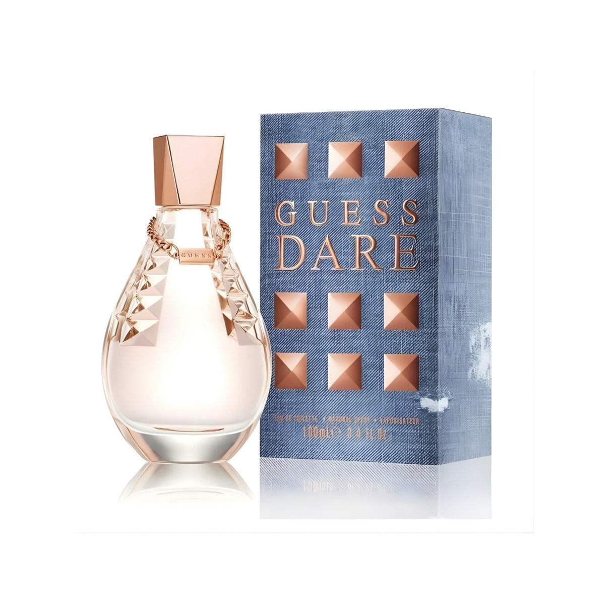 Refect Beauty Dare by Guess Eau De Toilette perfume bottle with rose gold accents and denim-textured box