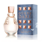 Refect Beauty Guess Dare Eau De Toilette perfume bottle with rose gold accents next to its blue denim-textured box.
