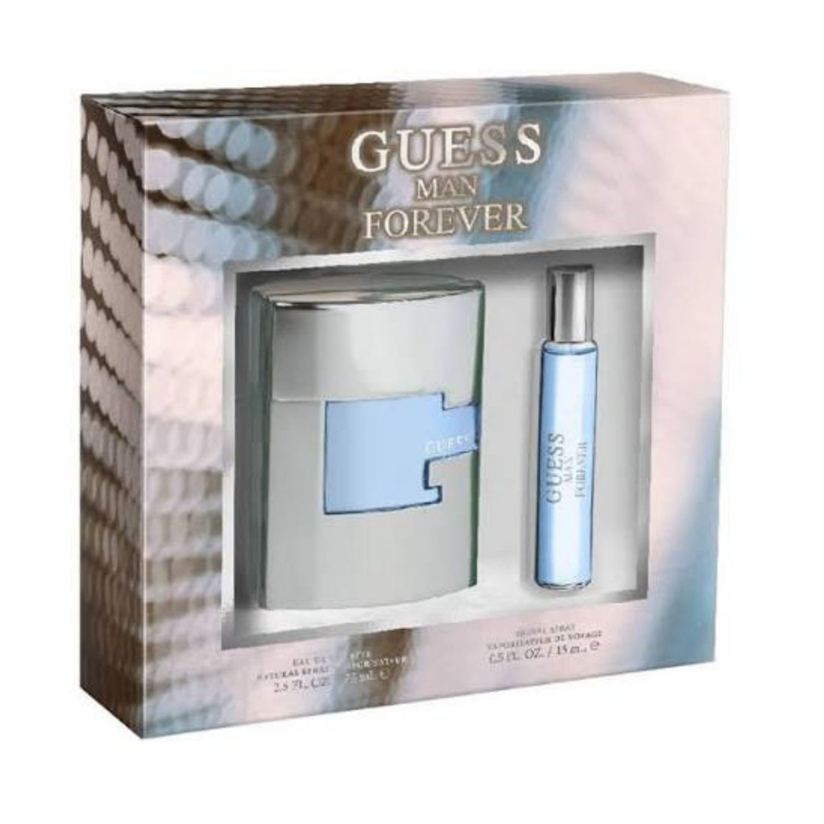Refect Beauty Guess Forever for Men gift set featuring a 75ml eau de toilette bottle and a 15ml travel spray.