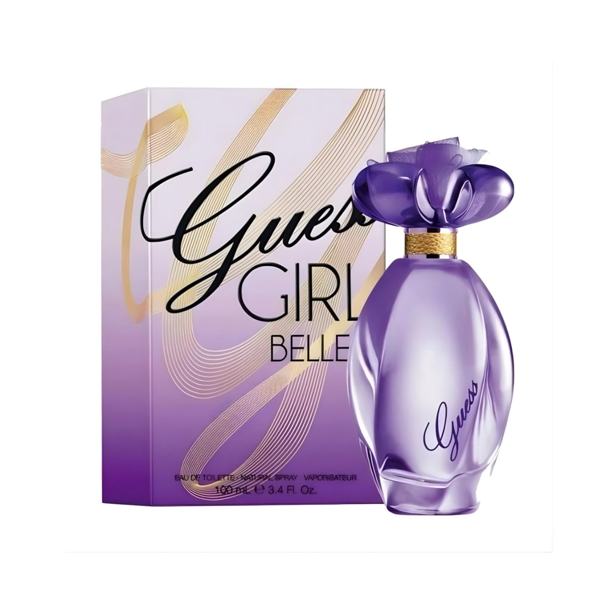 Refect Beauty Guess Girl Belle Eau de Toilette perfume bottle with purple glass and a floral cap next to its box