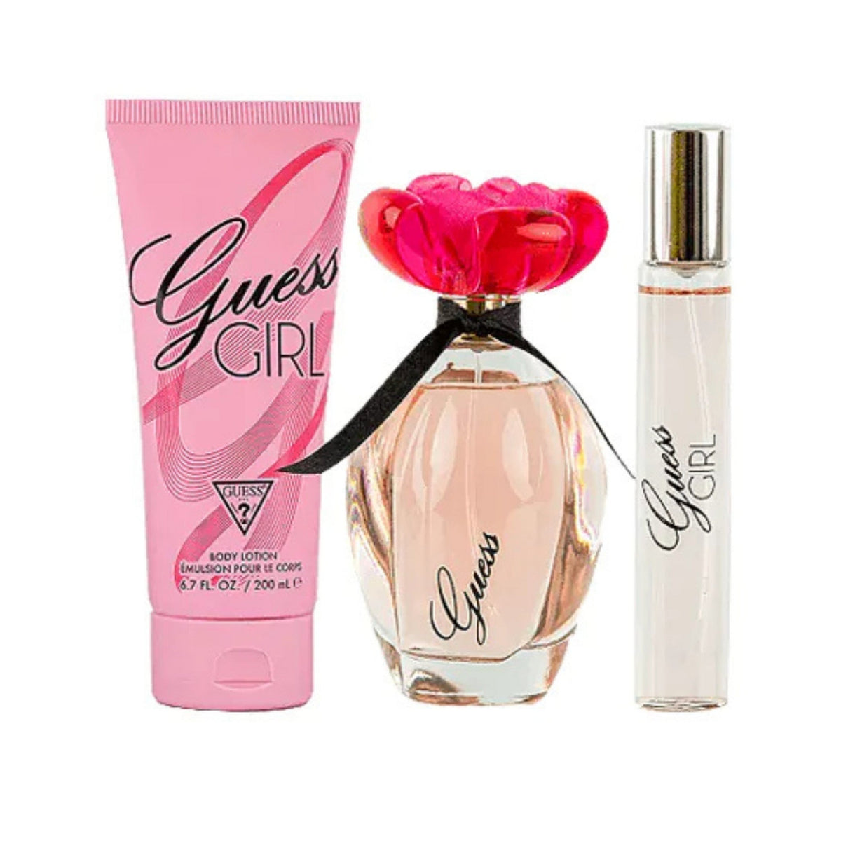 Refect Beauty Guess Girl gift set featuring a floral perfume bottle, travel spray, and pink scented body lotion.