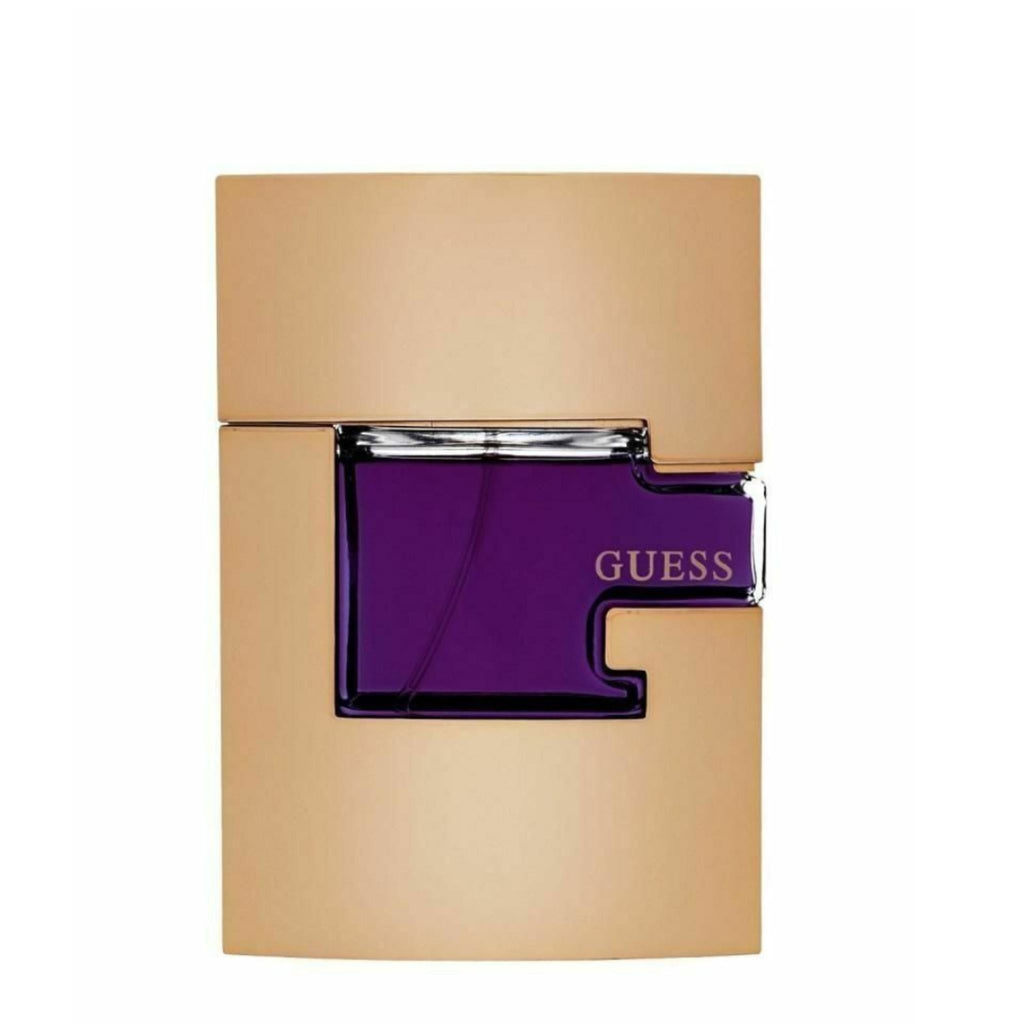 Refect Beauty Guess Gold for Men Eau de Toilette featuring a deep purple glass bottle encased in a gold frame.