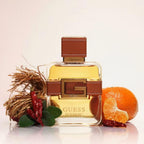 Refect Beauty Guess Iconic Eau de Parfum bottle with leather accents, surrounded by mandarin, sage, and vetiver roots.