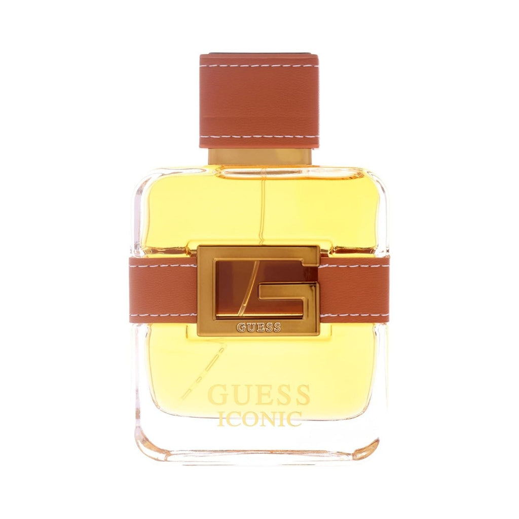 Refect Beauty Guess Iconic Eau de Parfum in a clear glass bottle with a tan leather-wrapped accent and gold logo.