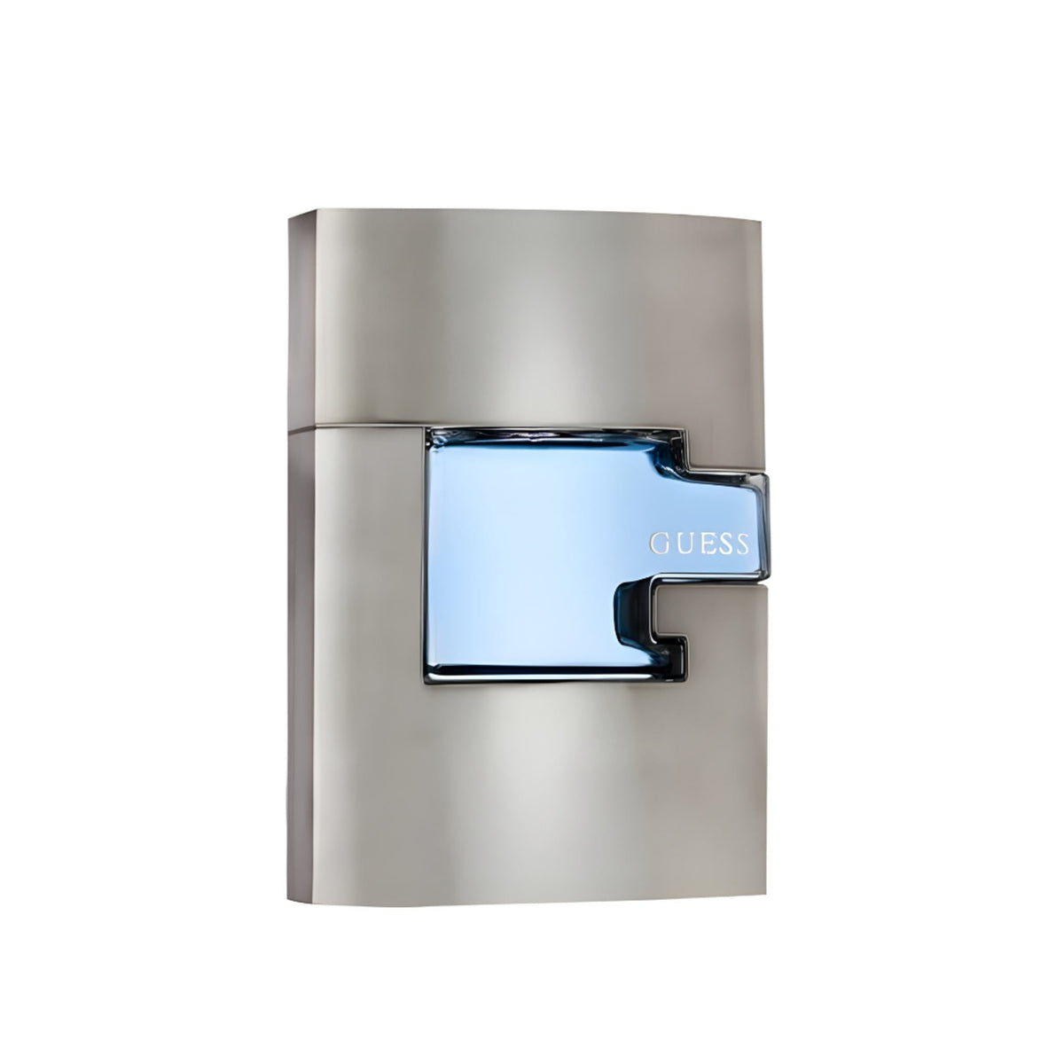 Refect Beauty Guess Man Forever Eau De Toilette bottle with a sleek metallic silver finish and blue glass accent.