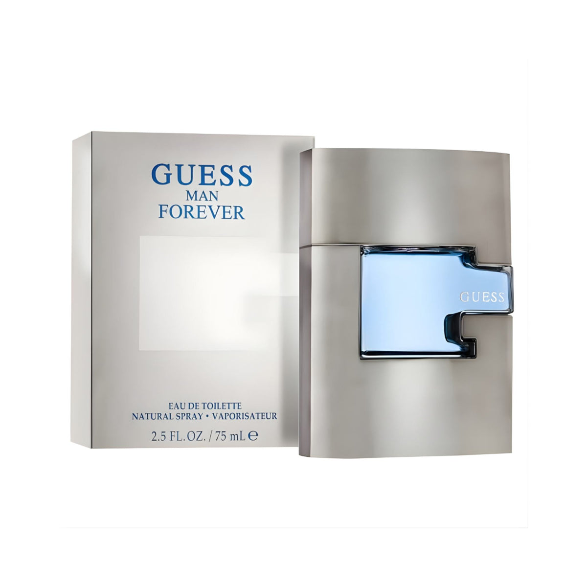 Refect Beauty Guess Man Forever Eau De Toilette fragrance bottle and silver box packaging