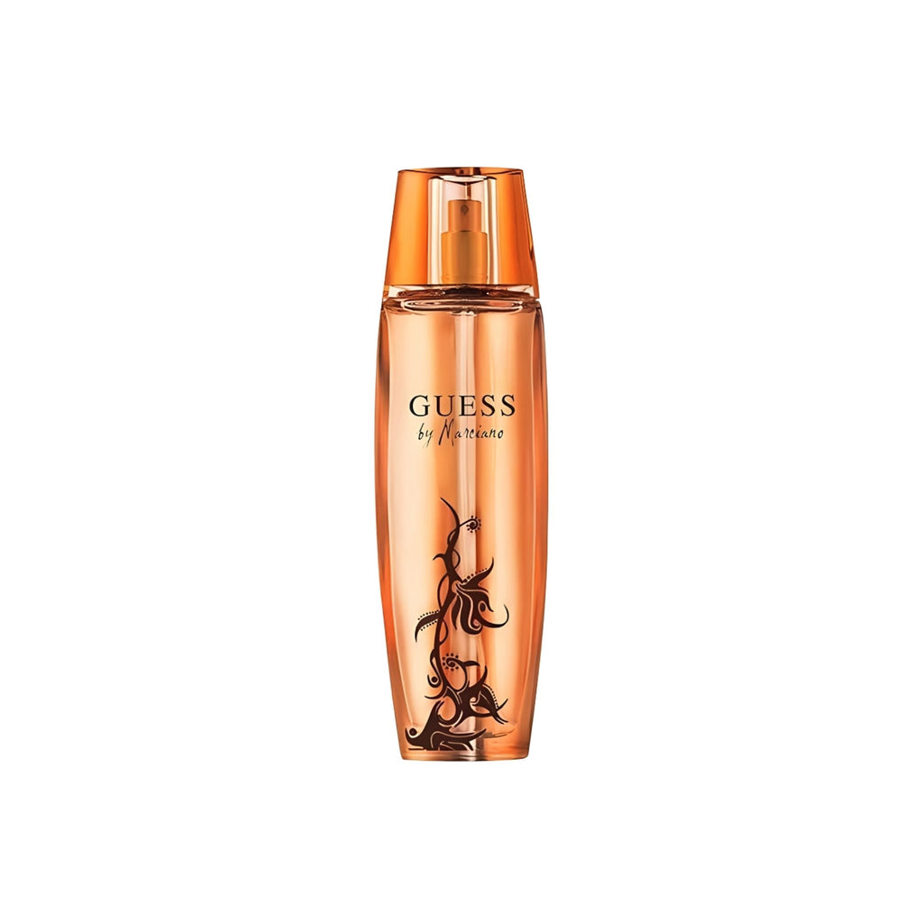 Refect Beauty Guess by Marciano Eau de Parfum in a sleek amber glass bottle with elegant black floral detailing.