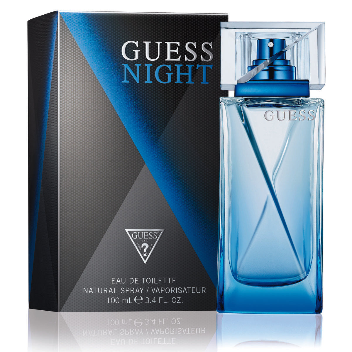 Refect Beauty Guess Night for Men Eau De Toilette fragrance bottle and box with blue and black geometric design