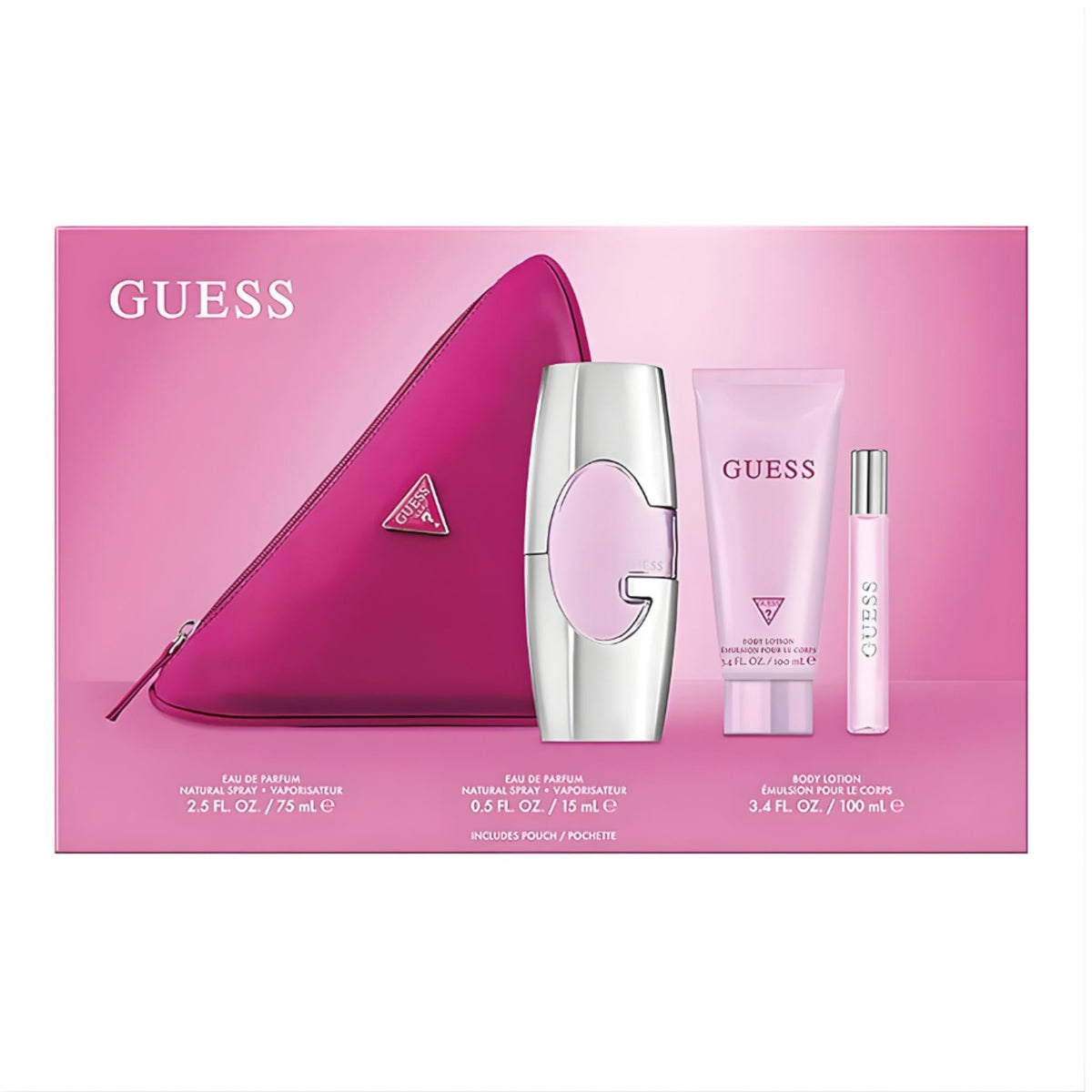 Refect Beauty Guess Pink gift set featuring Eau de Parfum, body lotion, travel spray, and a pink triangular pouch.