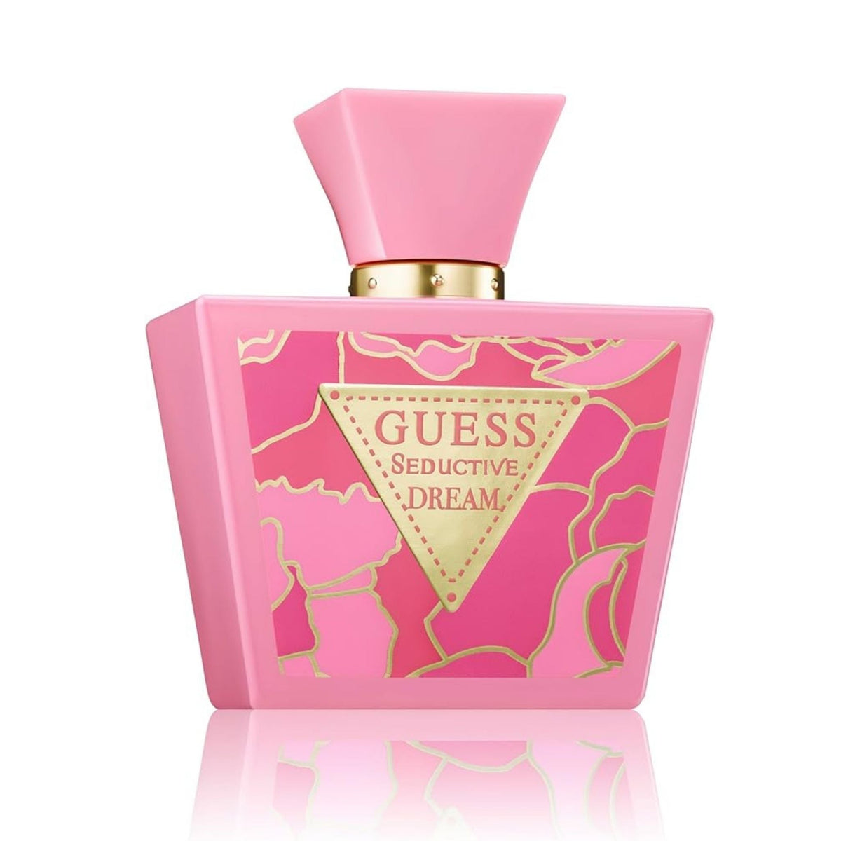 Refect Beauty Guess Seductive Dream Eau de Toilette in a pink bottle with gold floral accents and triangular label.
