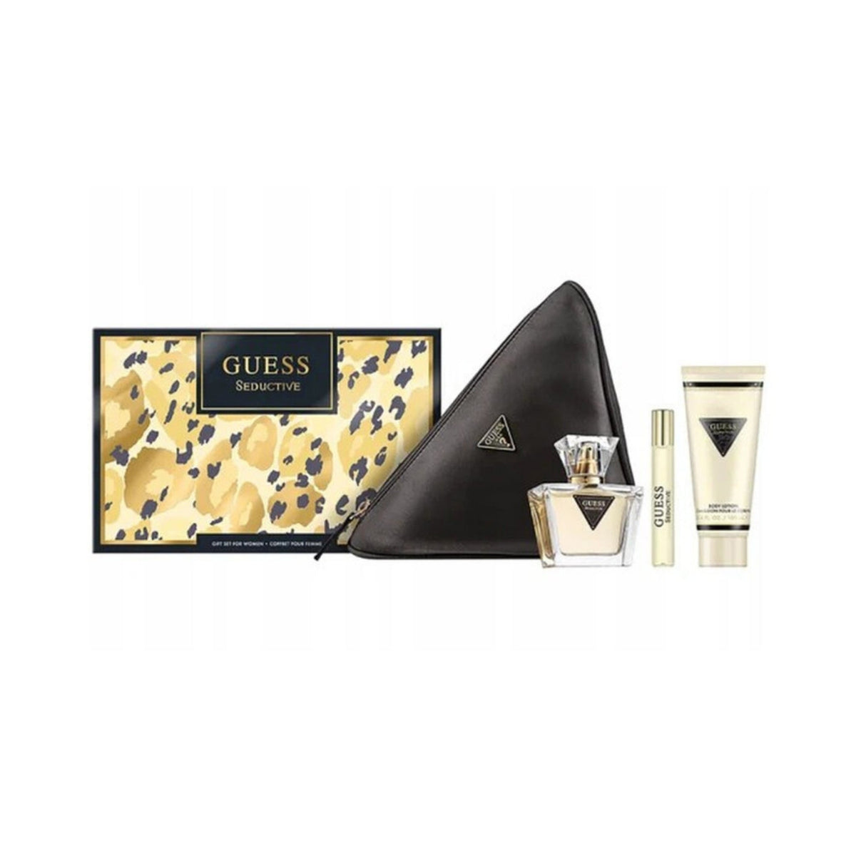 Refect Beauty Guess Seductive gift set featuring perfume bottles, body lotion, and a black triangular makeup bag.