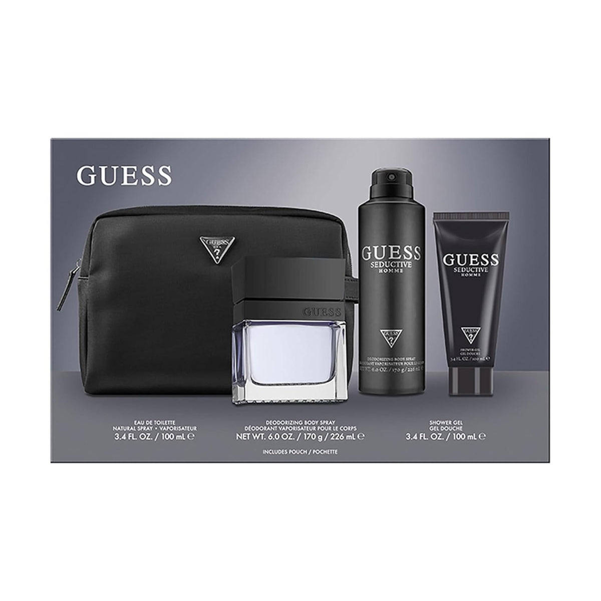 Refect Beauty Guess Seductive Homme 4-piece gift set featuring cologne, body spray, shower gel, and a black travel pouch.