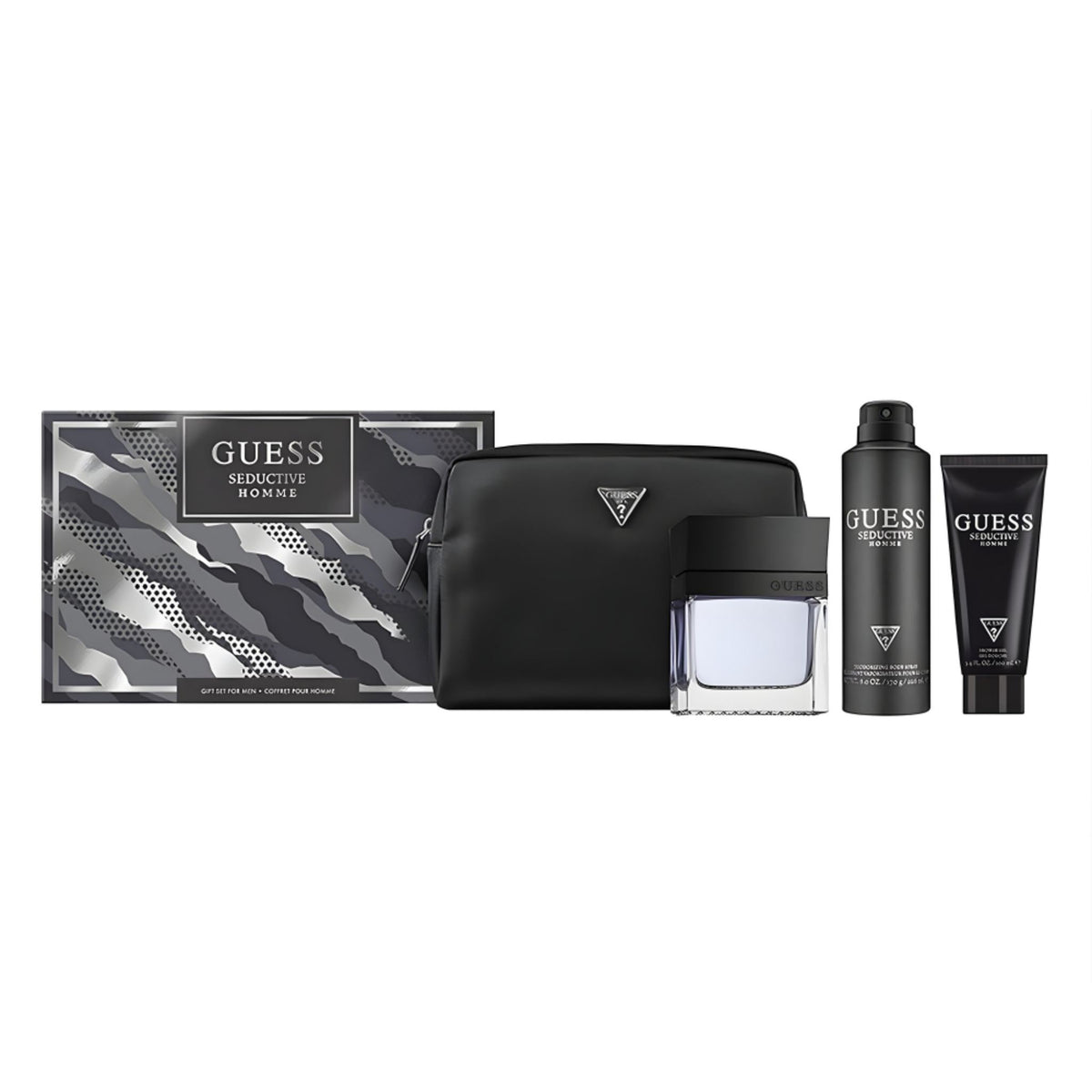 Refect Beauty Guess Seductive Homme 4-piece fragrance gift set with cologne, body spray, shower gel, and travel pouch.
