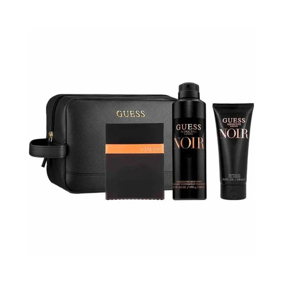 Refect Beauty Guess Seductive Homme Noir gift set featuring cologne, deodorant spray, shower gel, and a black travel bag.