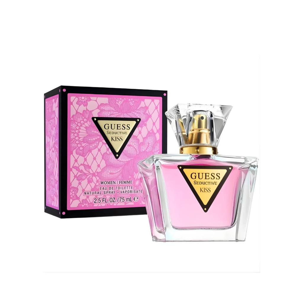 Refect Beauty Guess Seductive Kiss Eau de Toilette perfume bottle with pink liquid and matching lace-patterned box