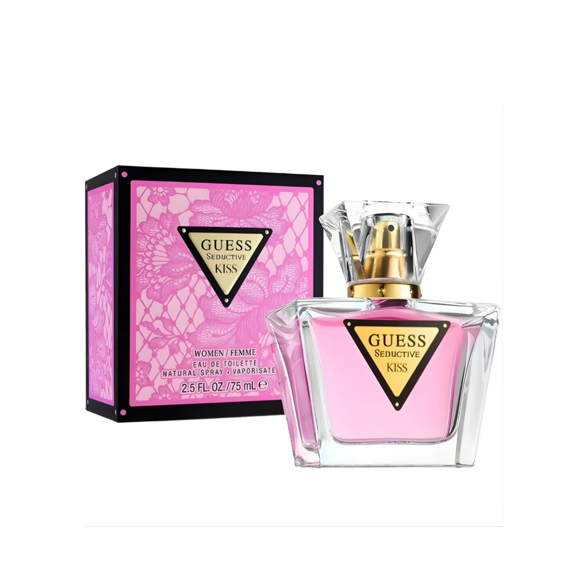 Refect Beauty Guess Seductive Kiss Eau de Toilette perfume bottle with pink liquid and matching lace-patterned box