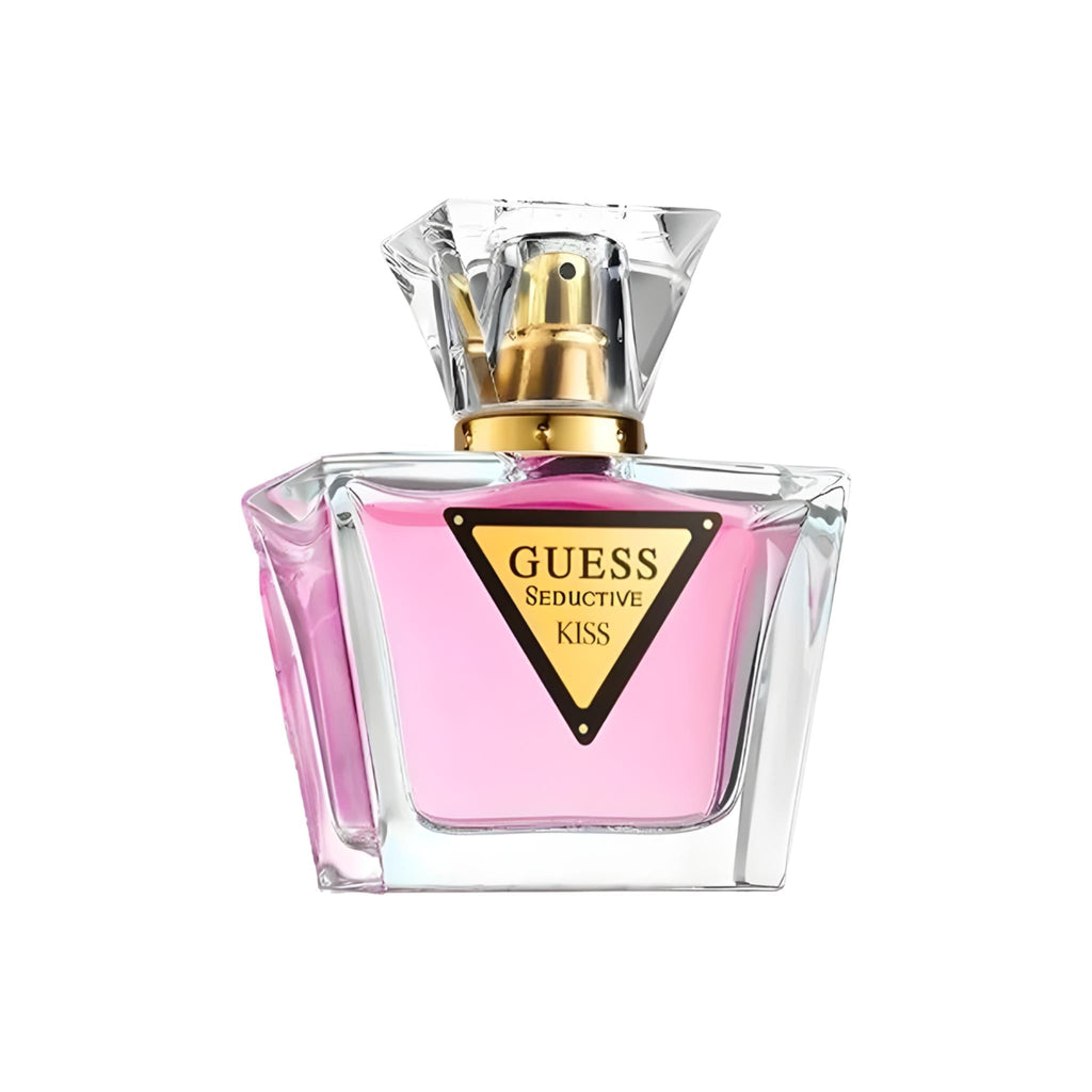 Refect Beauty Guess Seductive Kiss eau de toilette in a pink glass bottle with a gold cap and triangular logo label.