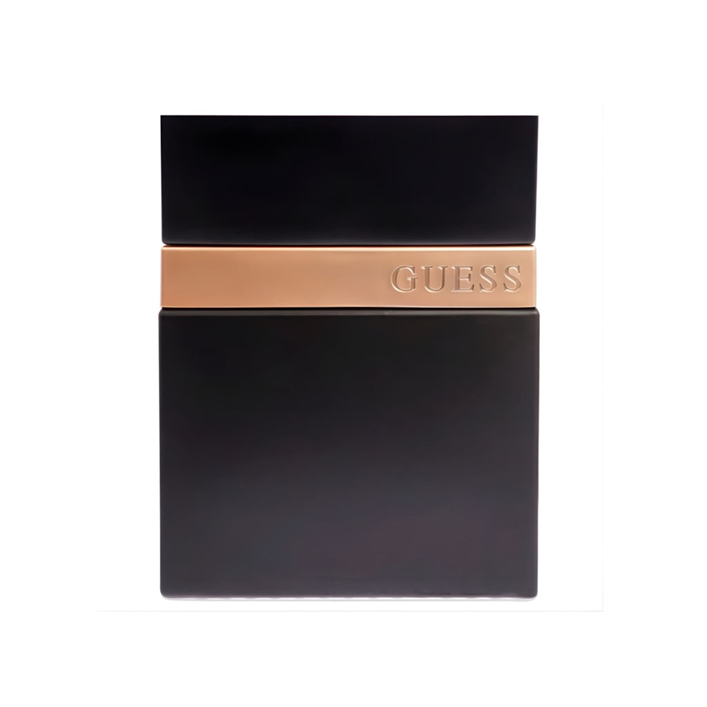 Refect Beauty Guess Seductive Noir for Men eau de toilette in a sleek matte black bottle with a metallic gold band.