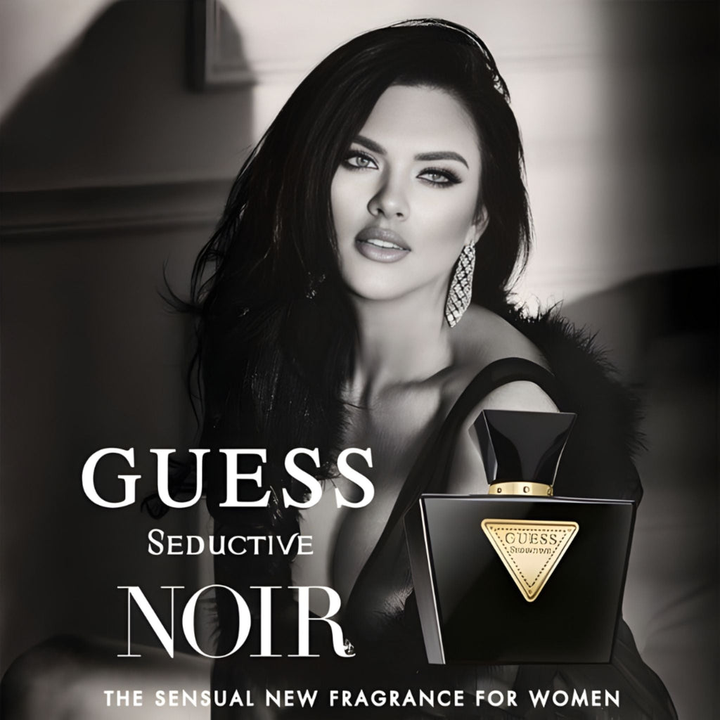 Refect Beauty advertisement featuring a glamorous woman next to a bottle of Guess Seductive Noir floral perfume
