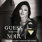 Refect Beauty advertisement featuring a glamorous woman next to a bottle of Guess Seductive Noir floral perfume