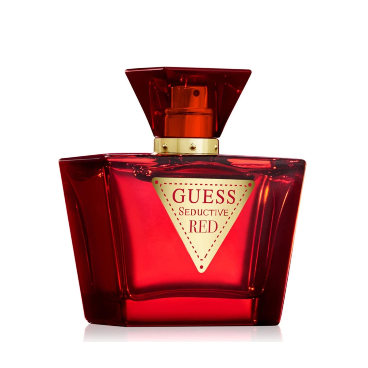 Refect Beauty Guess Seductive Red Eau de Toilette in a vibrant red glass bottle with a gold triangular logo label