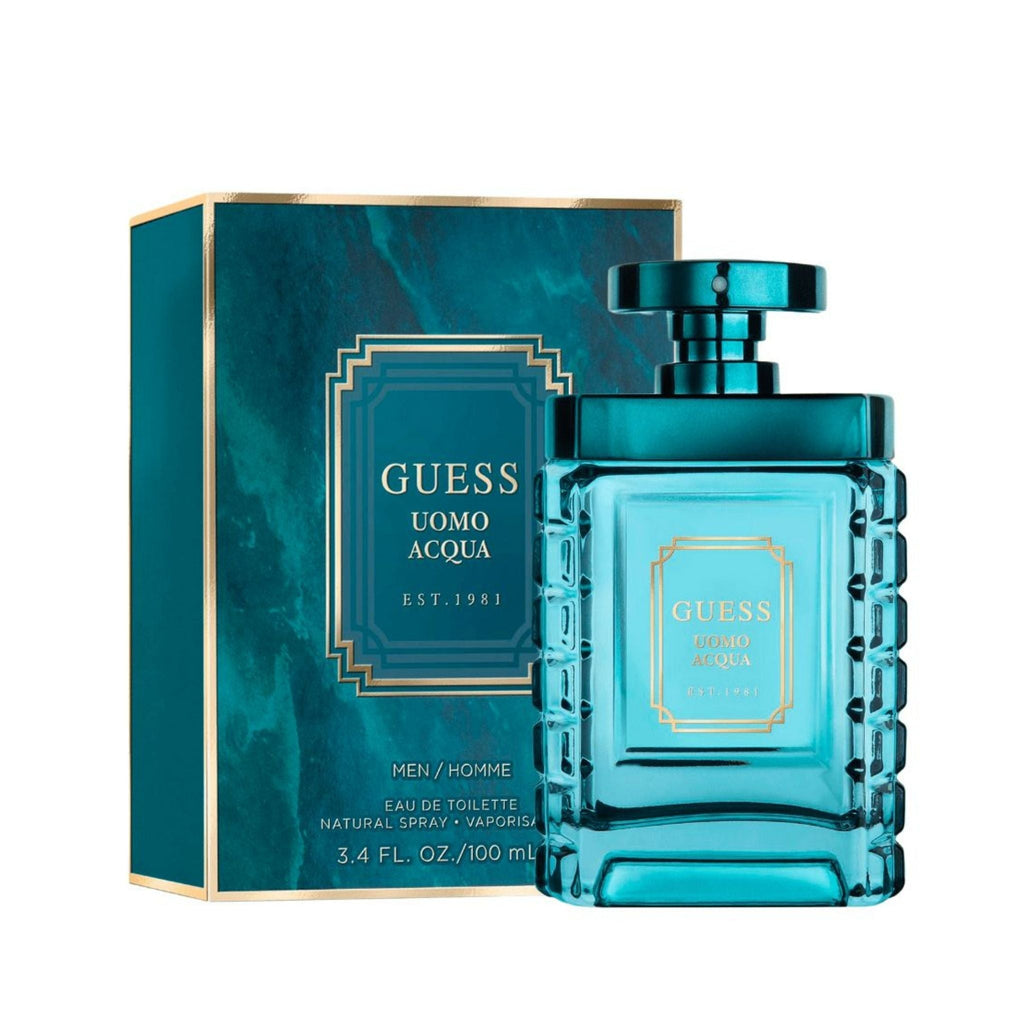 Refect Beauty Guess Uomo Acqua eau de toilette bottle and box in teal with gold accents and aquatic fragrance design