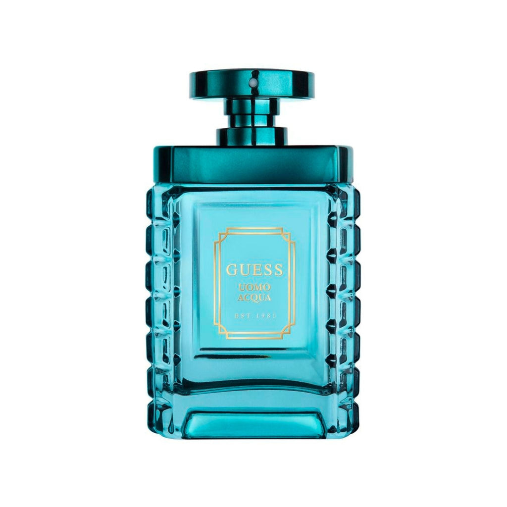 Refect Beauty Guess Uomo Acqua Eau de Toilette in a teal glass bottle with gold lettering and a metallic cap