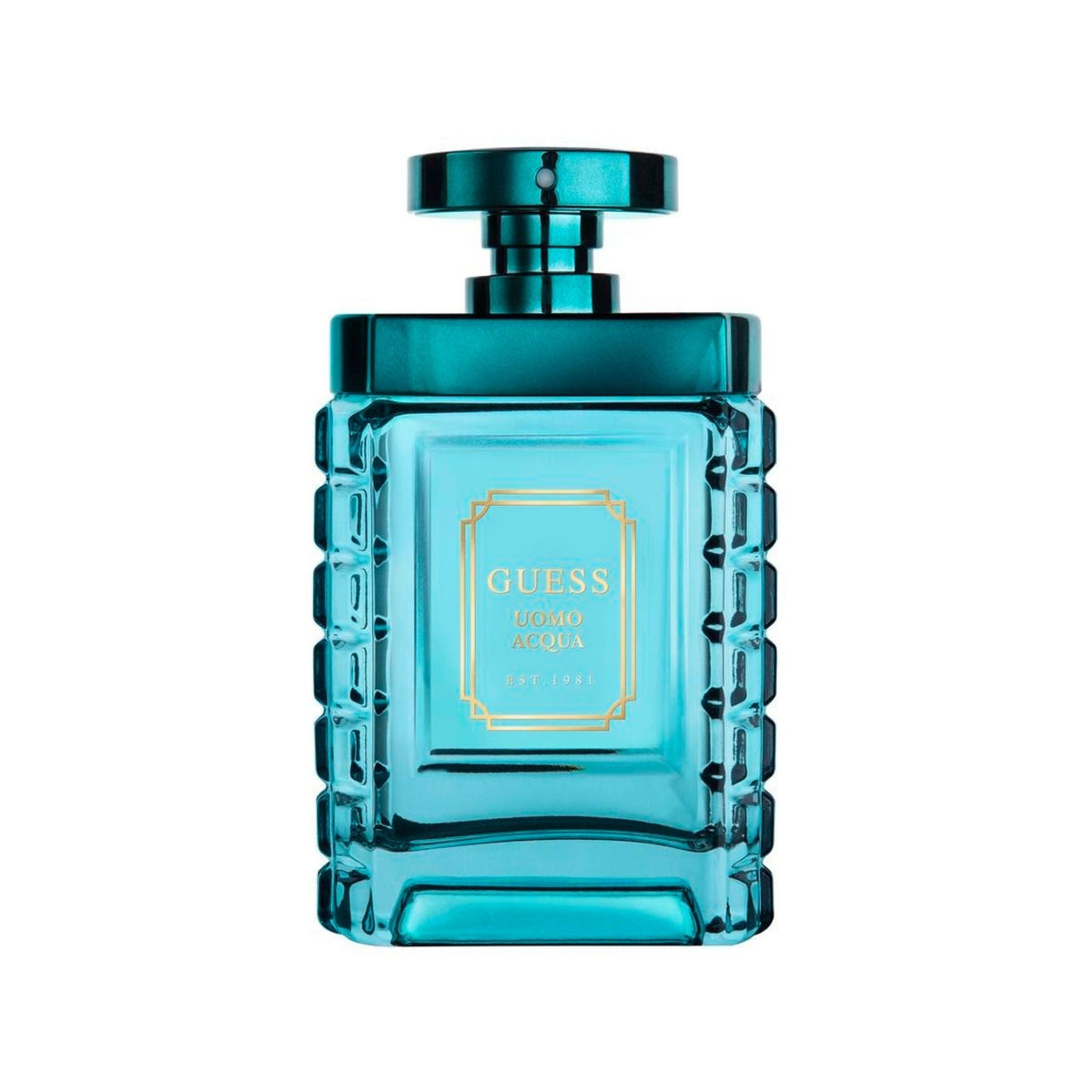 Refect Beauty Guess Uomo Acqua Eau de Toilette in a teal glass bottle with gold lettering and a metallic cap