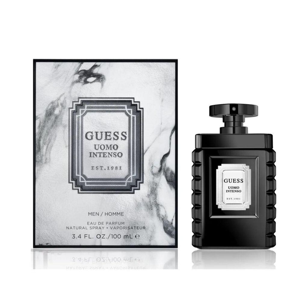 Refect Beauty Guess Uomo Intenso Eau de Parfum bottle and marble-patterned box, a woody aromatic masculine fragrance.