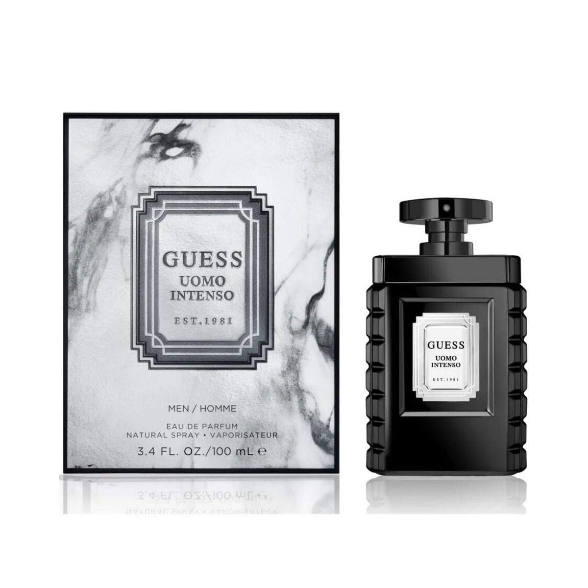 Refect Beauty Guess Uomo Intenso Eau de Parfum bottle and marble-patterned box, a woody aromatic masculine fragrance.