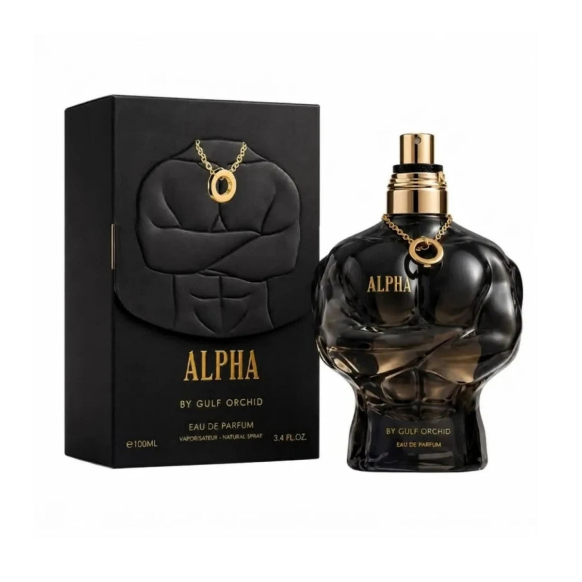 Refect Beauty Gulf Orchid Alpha Eau de Parfum in a muscular torso-shaped bottle with a gold chain and black box.