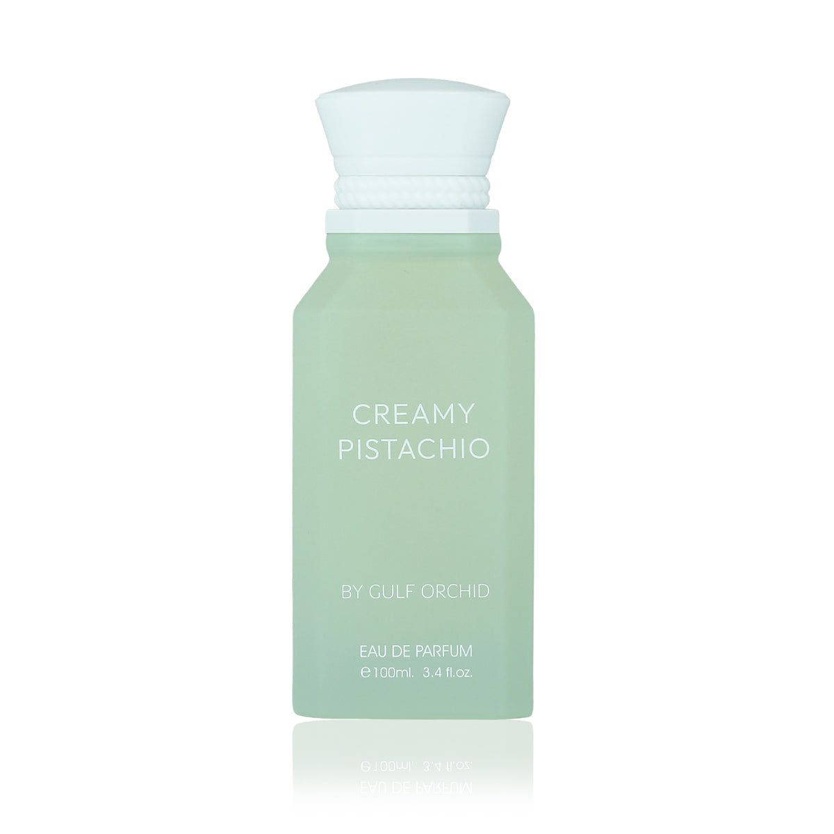 Refect Beauty Gulf Orchid Creamy Pistachio eau de parfum in a frosted light green glass bottle with a white cap.