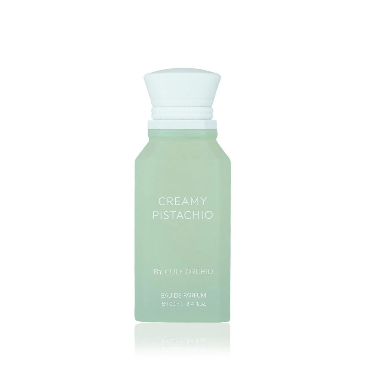 Refect Beauty Gulf Orchid Creamy Pistachio eau de parfum in a frosted light green glass bottle with a white cap.
