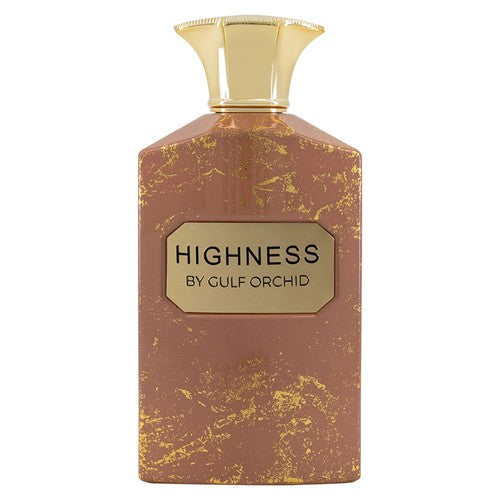 Refect Beauty Gulf Orchid Highness unisex eau de parfum in a dusty rose bottle with gold marble texture and gold cap.