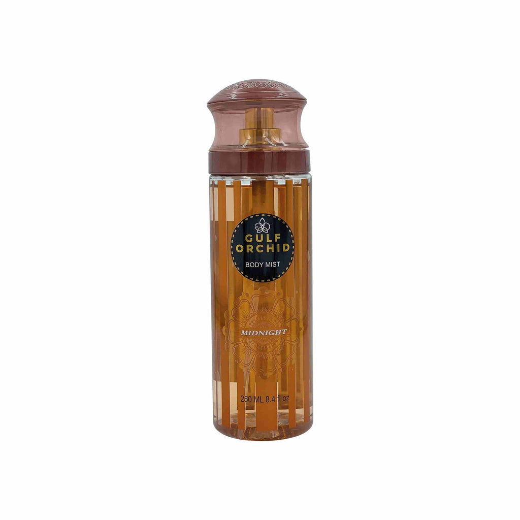 Refect Beauty Gulf Orchid Midnight body mist in a tall cylindrical bottle with a brown cap and amber-toned liquid.