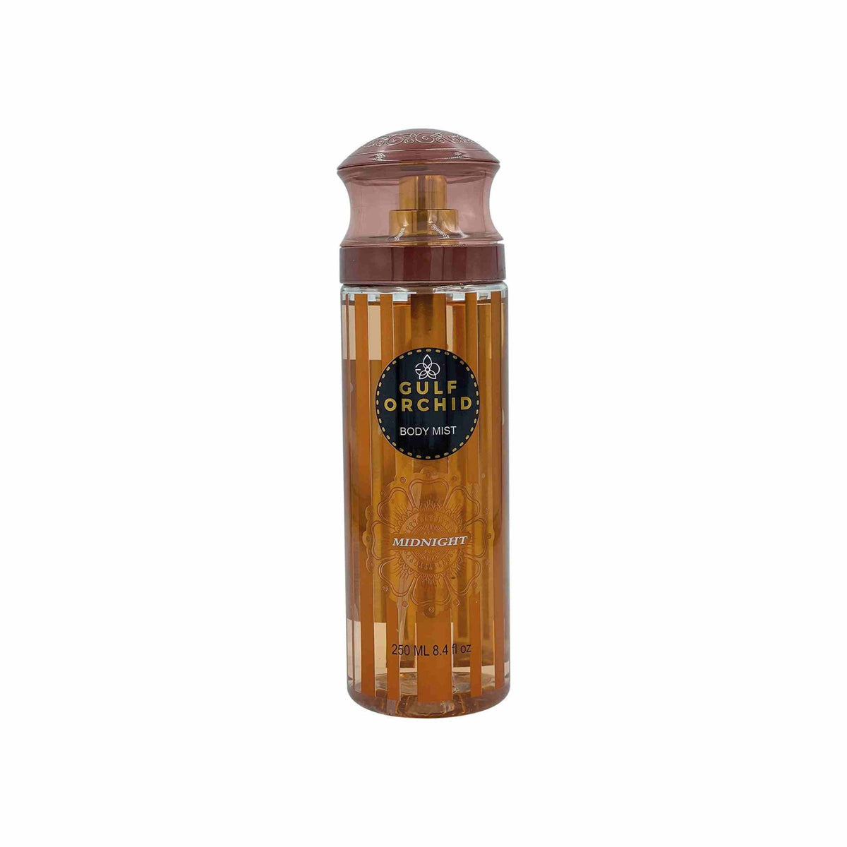 Refect Beauty Gulf Orchid Midnight body mist in a tall cylindrical bottle with a brown cap and amber-toned liquid.