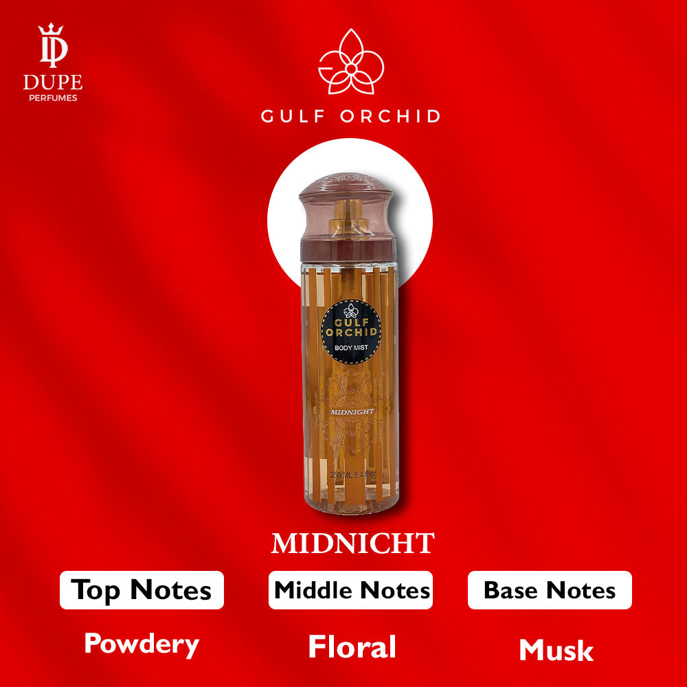 Refect Beauty Gulf Orchid Midnight body mist bottle featuring a floral and musky fragrance on a red background.