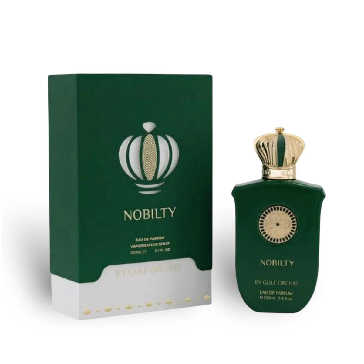 Refect Beauty Gulf Orchid Nobility Eau de Parfum in a dark green bottle with a gold crown cap and matching box.