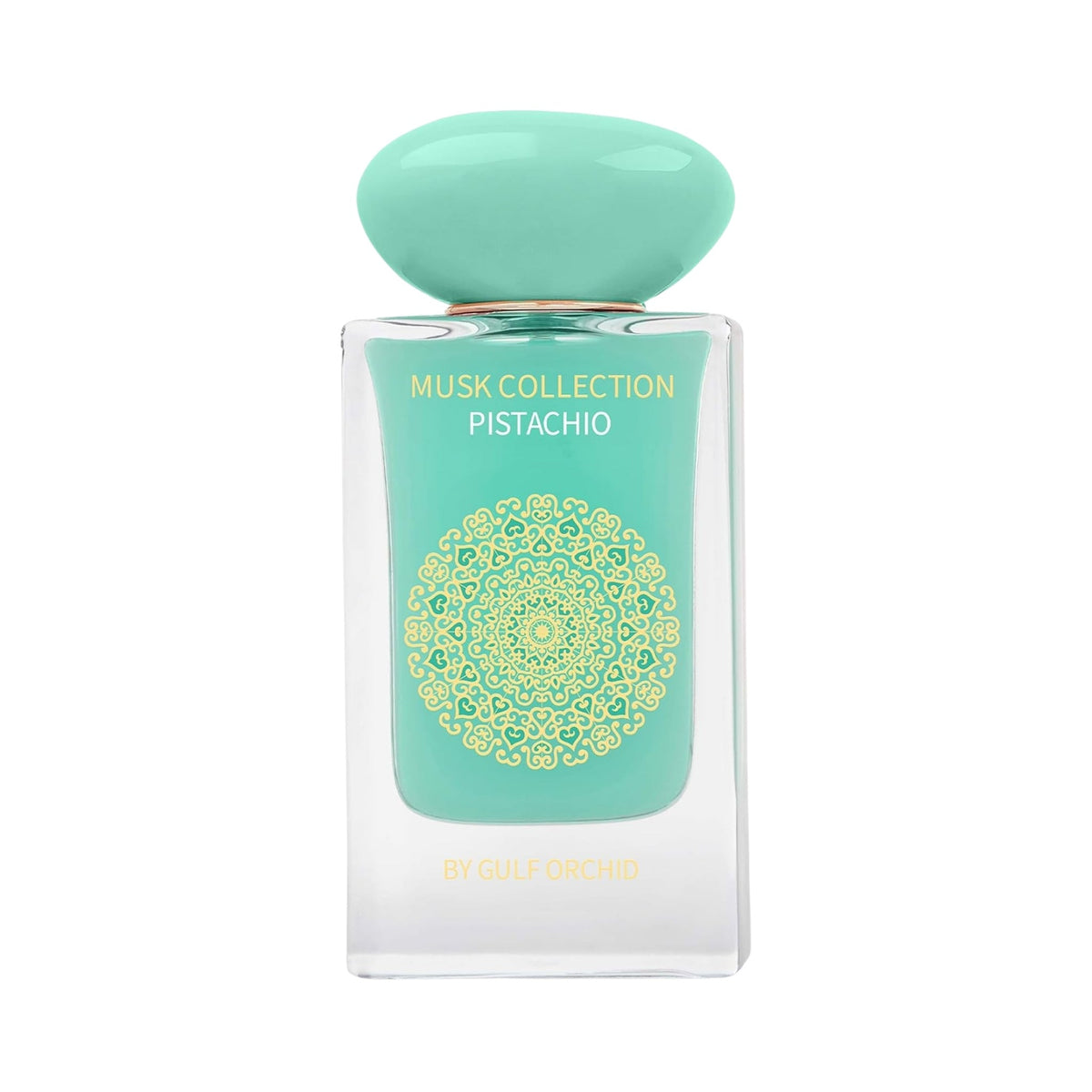 Refect Beauty Gulf Orchid Musk Collection Pistachio eau de parfum in a glass bottle with a mint green cap and mandala