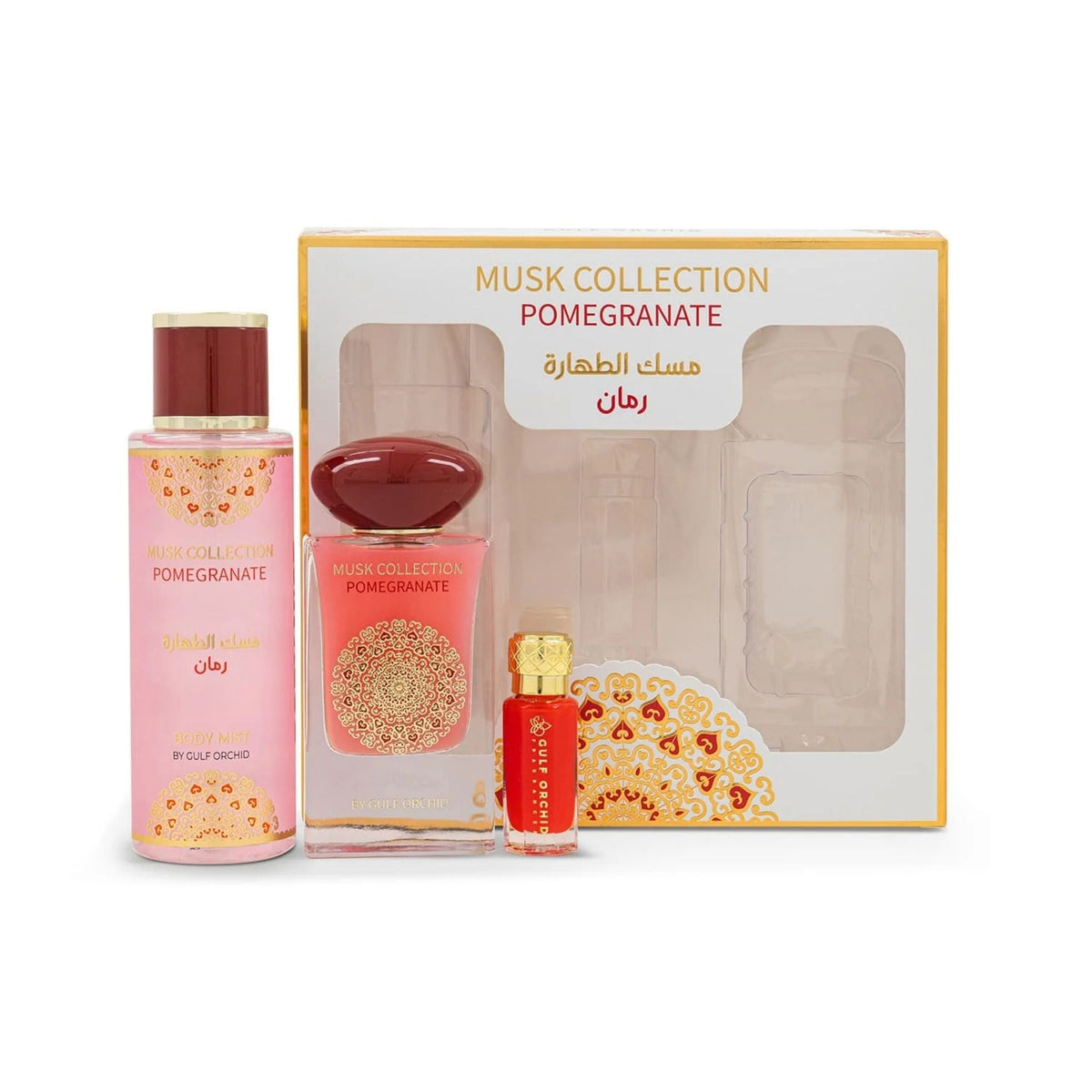 Refect Beauty Gulf Orchid Pomegranate Musk fragrance gift set including body mist, eau de parfum, and perfume oil.