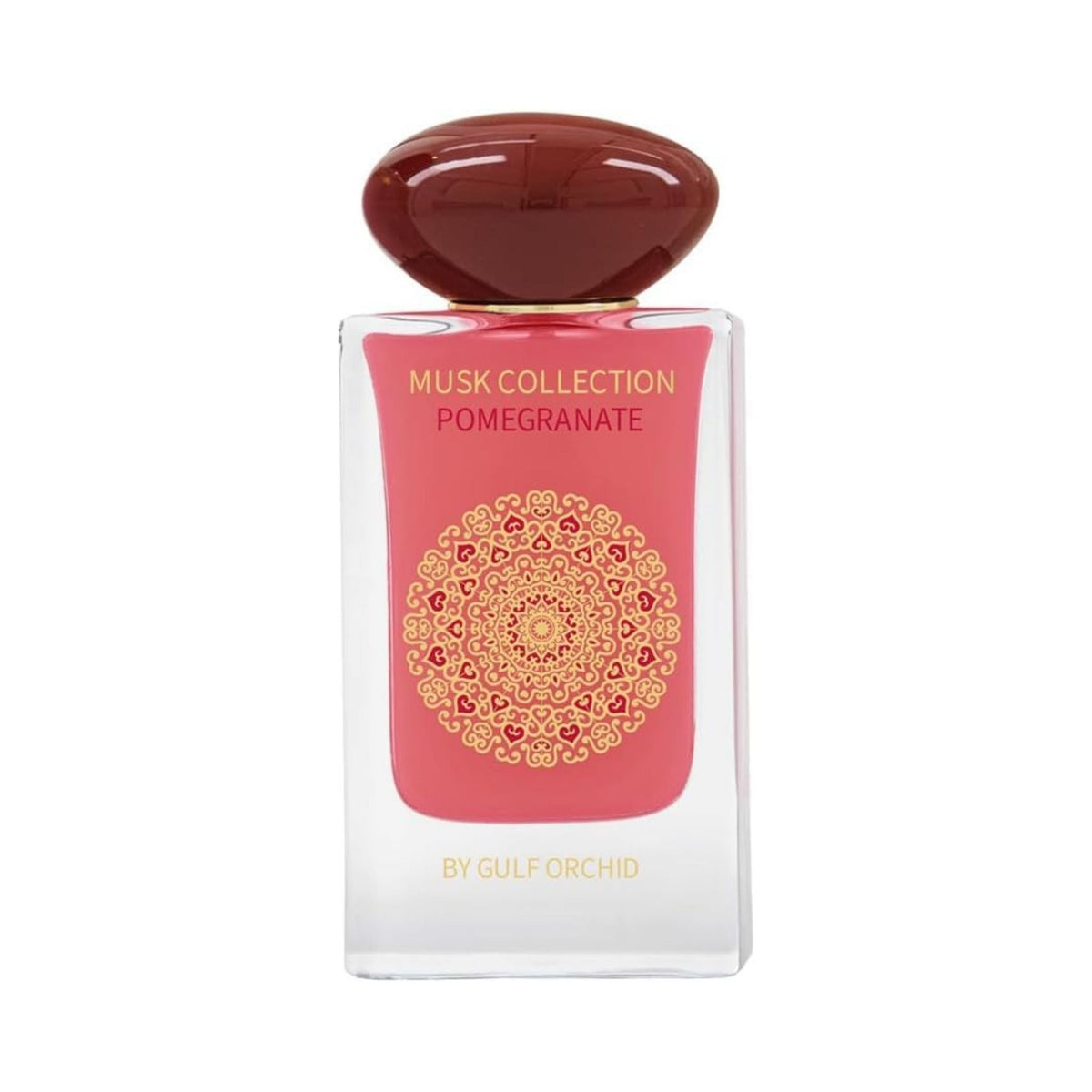 Refect Beauty Gulf Orchid Musk Collection Pomegranate Eau de Parfum bottle with a pink label and gold mandala design.