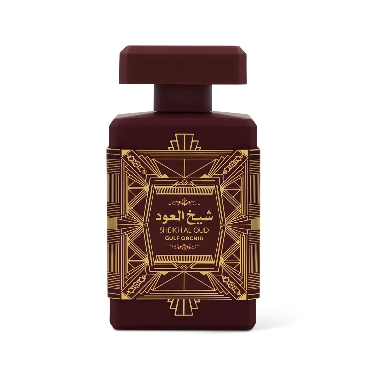 Refect Beauty Gulf Orchid Sheikh Al Oud Red eau de parfum in a deep red bottle with gold art deco label design