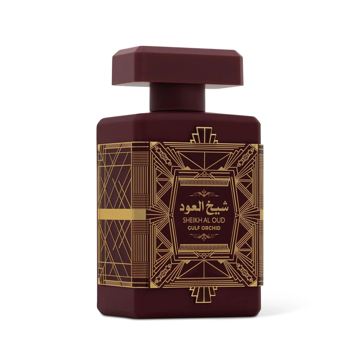 Refect Beauty Gulf Orchid Sheikh Al Oud Red perfume bottle with elegant gold art deco geometric patterns