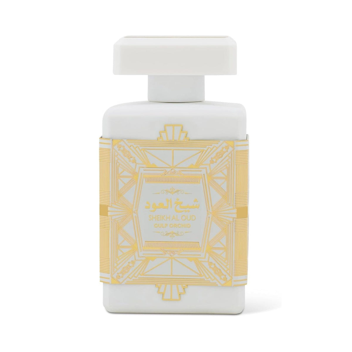 Refect Beauty Gulf Orchid Sheikh Al Oud White eau de parfum in a white bottle with elegant gold art deco detailing.