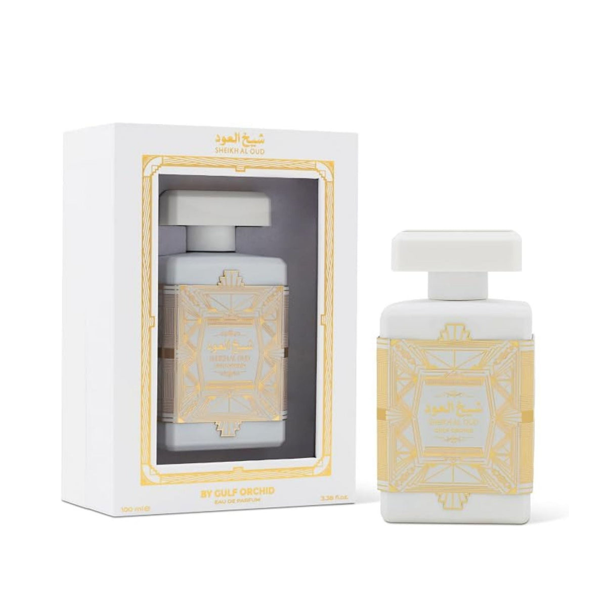 Refect Beauty Gulf Orchid Sheikh Al Oud White eau de parfum in a white bottle with elegant gold geometric detailing.